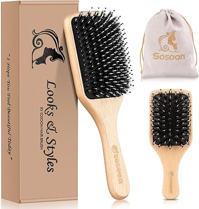 Sosoon Boar Bristle Hair Brush Set with Travel Mini Brush Gift Box Red