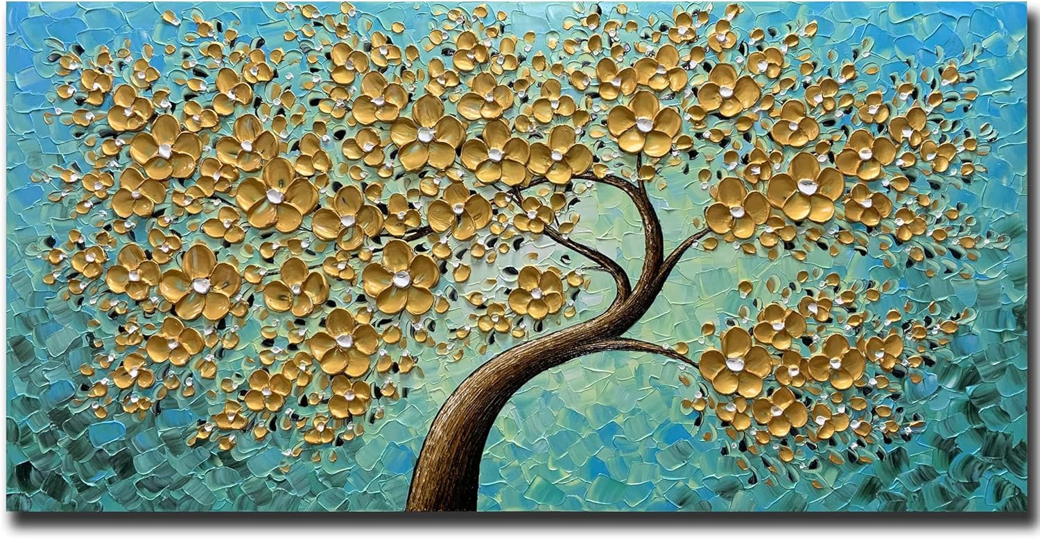 Paintings - Boieesen Art, Art,24x48Inch Hand Painted Textured Wall Art Golden Blooming Flower Oil Painting on Canvas Abstract Tree Artwork Oil Hand Painting Stretched and Framed Ready to Hang for Living Room