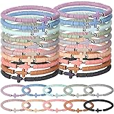 Landical 30/50 Pcs Cross Bracelets Bulk Jesus Bracelets Handmade Elastic Colorful Polymer Clay Bead Religious Wristbands Christian Wristband for Women Kid Easter Valentine Gifts