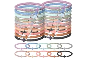 Landical 30/50 Pcs Cross Bracelets Bulk Jesus Bracelets Handmade Elastic Colorful Polymer Clay Bead Religious Wristbands Christian Wristband for Women Kid Christmas Stocking Stuffer
