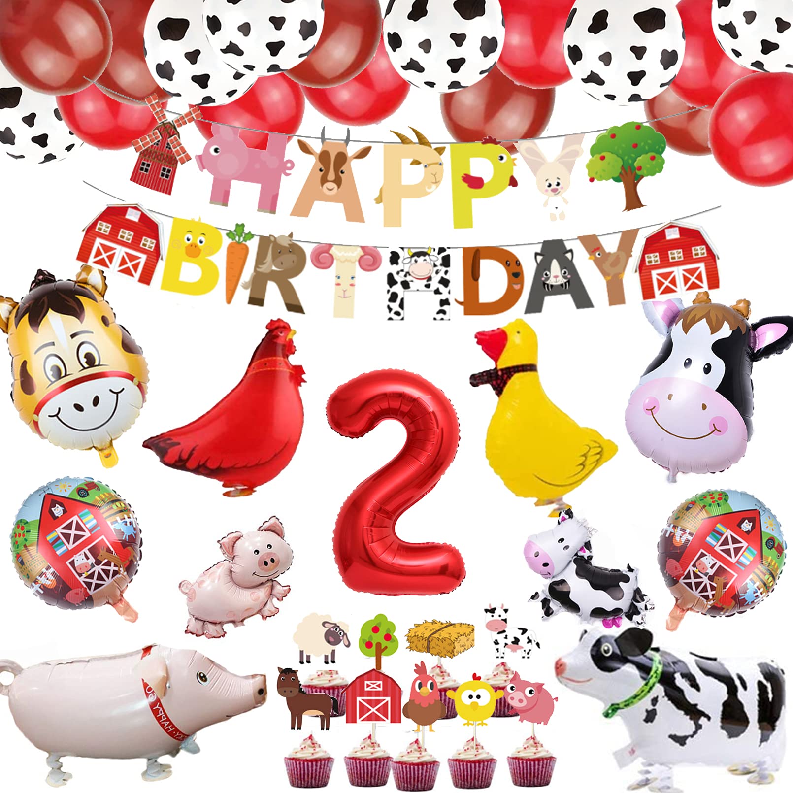 Farm Animal 2st Birthday Party Supplies Decorations Boys Girls - Barnyard Party Decorations with Farm Balloons Happy Birthday Banner Cupcake Toppers
