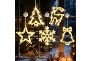 LYUBASA 5Pack Christmas Window Lights Decorations with Timer,Battery Powered Christmas Hanging Multicolor Lighted Snowflake Tree Star Deer Bells Shaped LED Sucker for 2026 Xmas Fireplace Indoor Decor