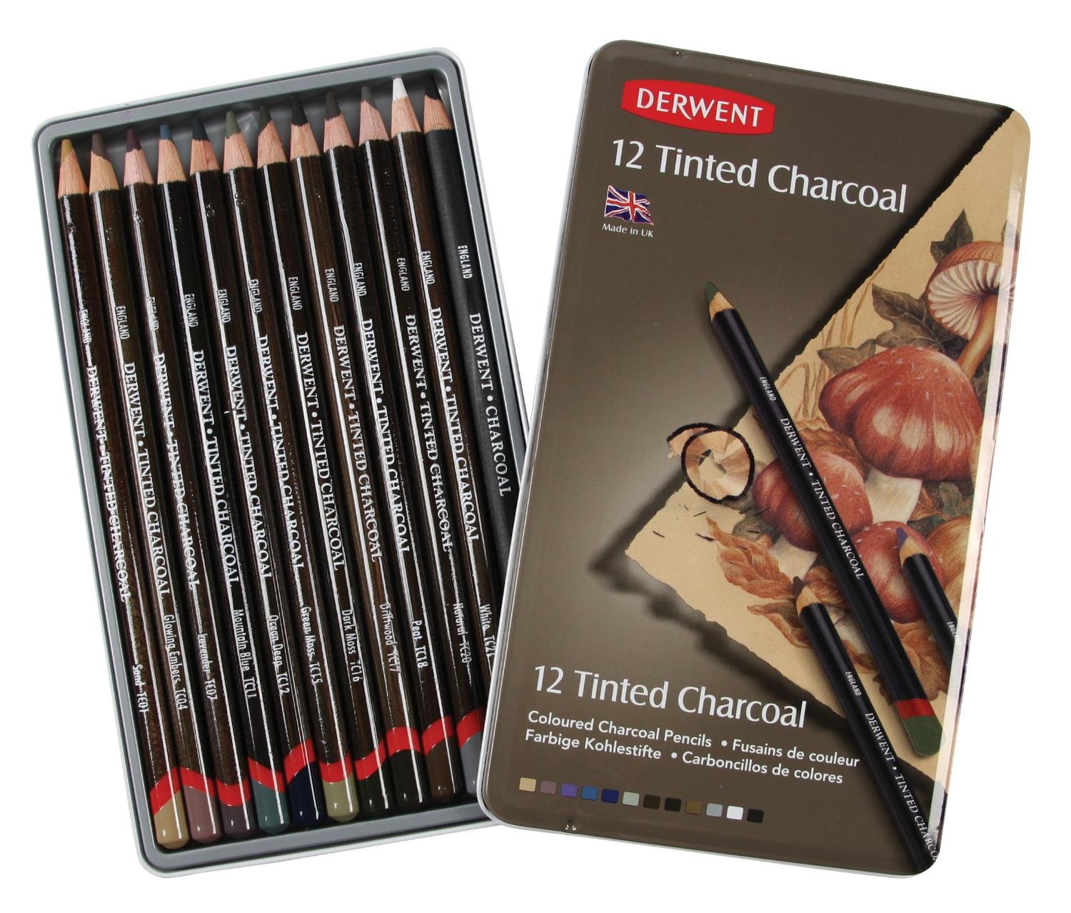 1 X Derwent Tinted Charcoal Pencils Tin (Set of 12)