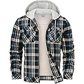 Rdruko Men's Flannel Plaid Shirt Jacket with Hood Sherpa Lined Zip Up Winter Warm Coats