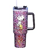 Spoontiques Peanuts 40oz Glitter Acrylic Travel Mug - Double Wall Acrylic with Sliding Lock Travel Lid and Straw - 11" Tall