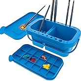 U.S. Art Supply 16-Hole Plastic Paint Brush Cleaner Washer & Paint Brush | Paint Brush Holder with Palette Lid for Acrylic, W