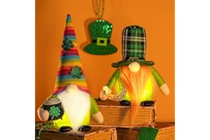 unanscre Lighted St Patricks Day Gnomes Plush Elf Decorations - 2PCS Light Up Handmade Green Irish Clover Gnome Rainbow Scandinavian Tomte Glow Leprechaun for St.Patrick's Home Decor, Table Ornament