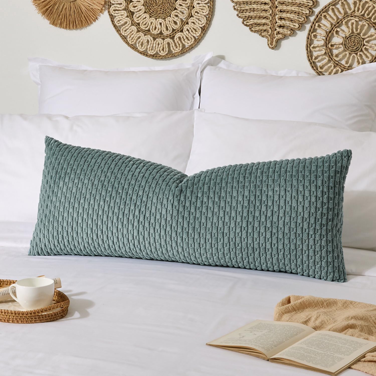 Photo 1 of Kevin Textile 14x36 Inch Long Lumbar 1 Pack Boho Decorative Throw Pillow Cover Soft Striped Corduroy Rectangle Cushion Case Farmhouse Solid Color Accent for Living Room Couch Sofa Bed, Teal Green