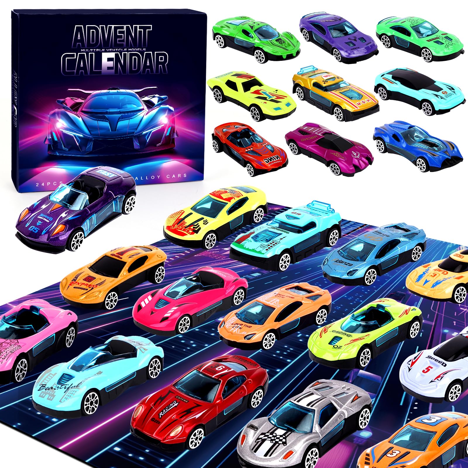 Advent Calendar 24 Piece Alloy Racing Car Advent Calendar Kids 24 Days of Christmas Countdown Calendar Surprise Christmas Car Toys Gifts For 3 Years Old Boys Girls