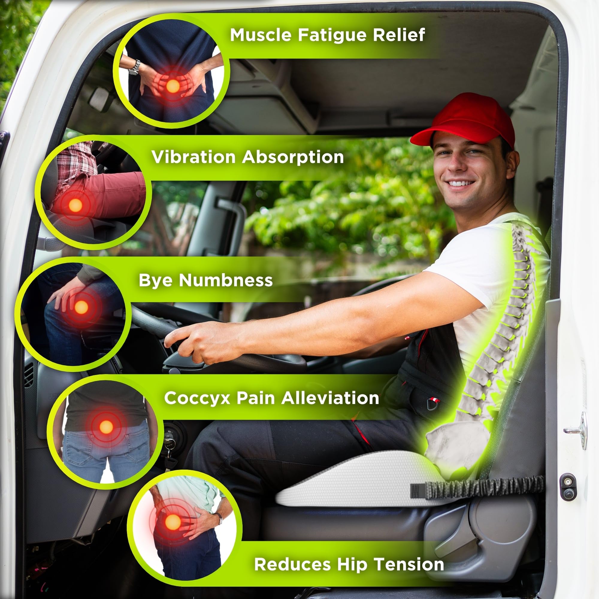 Truck Seat Cushion for Truck Driver Seat Cushion – Upgraded Back Support, Thick and Firm Memory Foam, Pain Relief for Hours of Driving, Maximum Tush Comfort and Trucker Approved
