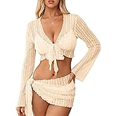 ALIREVERIE Women's 2 Pieces Mesh Bathing Suit Beach Long Sleeve Bikini Cover Up Mini Skirt Sets