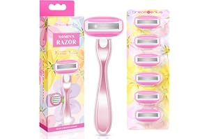 DREAMGENIUS Razors for Women Include 1 Non-Slip Metal Handle and 7 Blade Refills, 5 Premium Blades Women's Razors for Shaving with 360° Lubrication Reduces Irritation, Pink