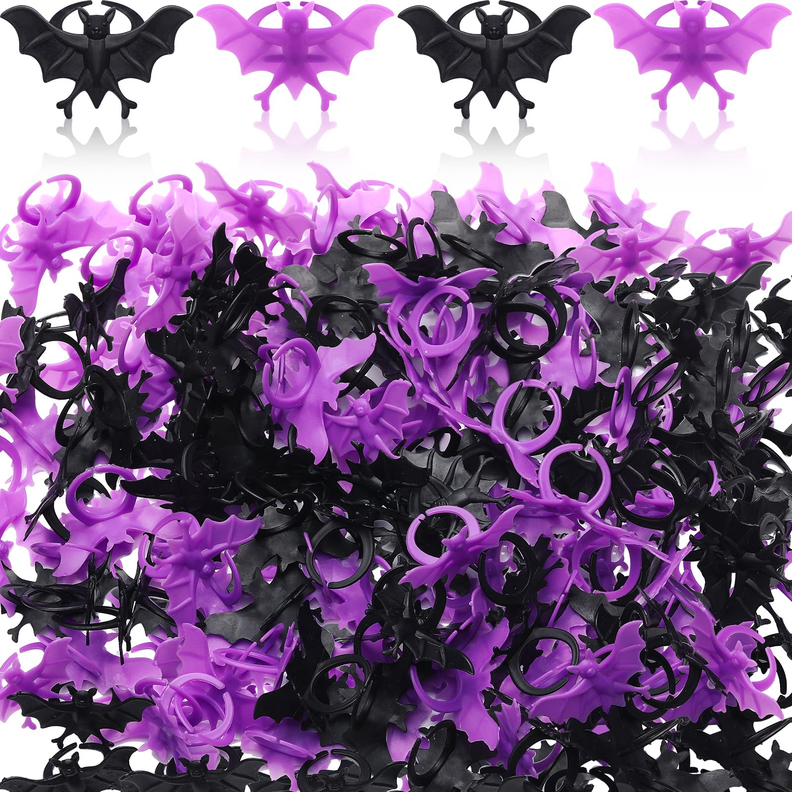 Photo 1 of Zubebe 200 Pieces Halloween Plastic Bat Ring Plastic Spider Bat Fake Toy Rings for Halloween Decoration Party Favors Gifts Cupcake Toppers(Black, Purple)