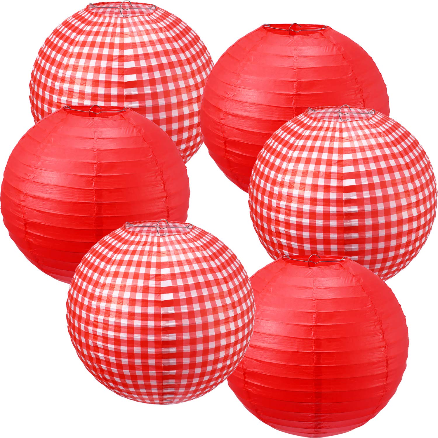 Photo 1 of Blulu Picnic Decorations - Checkered Round Paper Lanterns for BBQ Pizza Party - Red and White Plaid, Pure Red (6 Pieces)