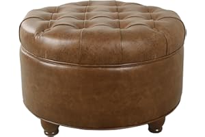 Homepop Home Decor | Button Tufted Faux Leather Round Storage Ottoman | Ottoman with Storage for Living Room & Bedroom (Brown)