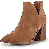 Kathemoi Womens Slip on Ankle Boots V Cutout Pointed Toe Chunky Stacked Mid Heel Booties