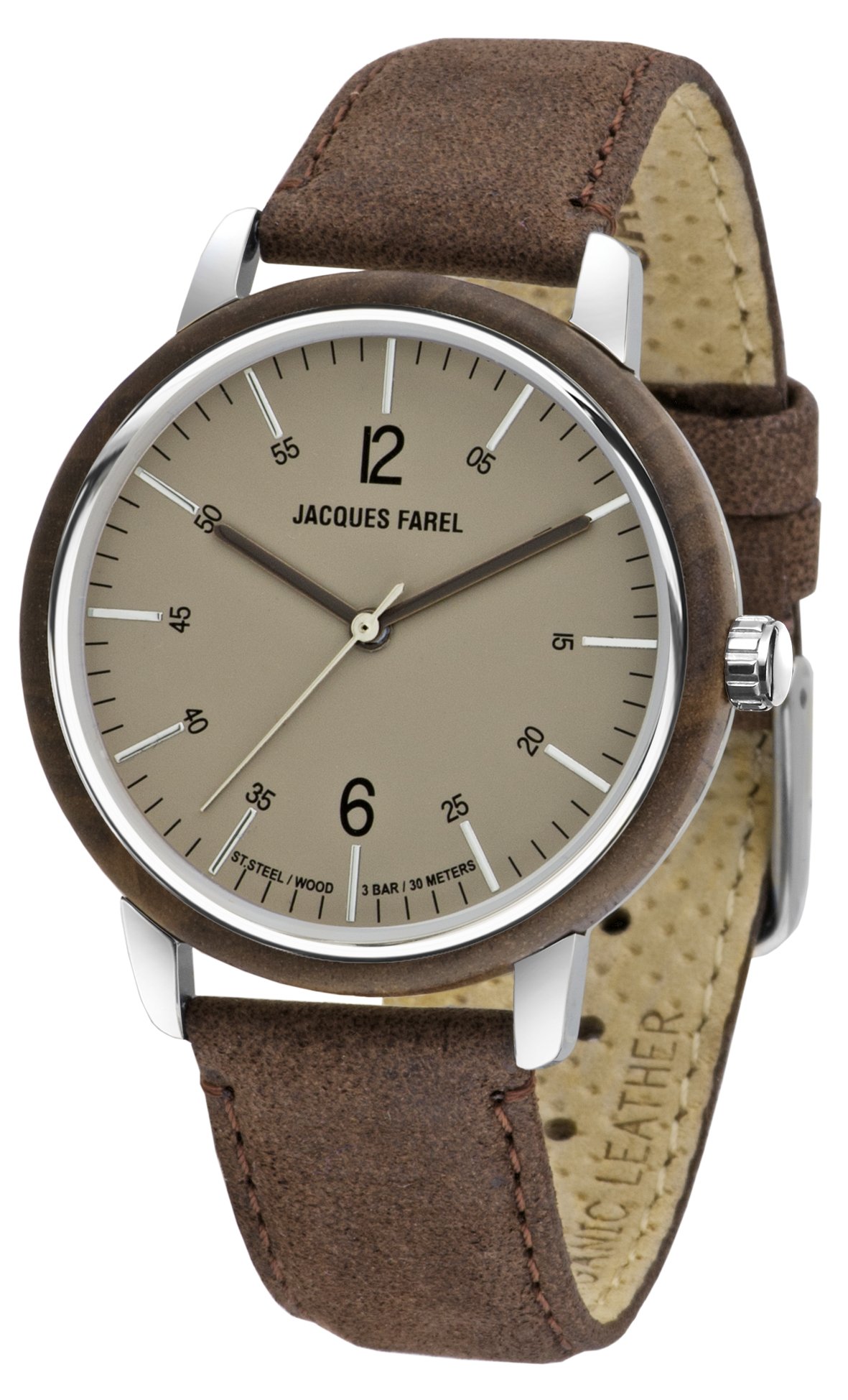 Jacques FAREL Hayfield Sustainable Wood Watch for Women Walnut eco-Leather Brown Analog Quartz Stainless Steel case 3 Bar ORW 1002