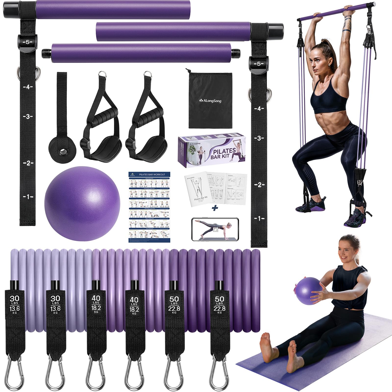 ALongSong Resistance Bands Set Men With Pilates Bar Set 6 Latex