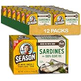 Season Sardines in Olive Oil Wild Caught, 4.37 Oz Tins, 12-Pack | 22g of Protein, Keto Snacks, More Omega 3's Than Tuna, Kosher, High in Calcium, Canned Sardines