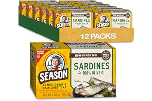 Season Sardines in Olive Oil - Wild Caught, 22g of Protein, Keto Snacks, More Omega 3's Than Tuna, Kosher, High in Calcium, Canned Sardines - 4.37 Oz Tins, 12-Pack