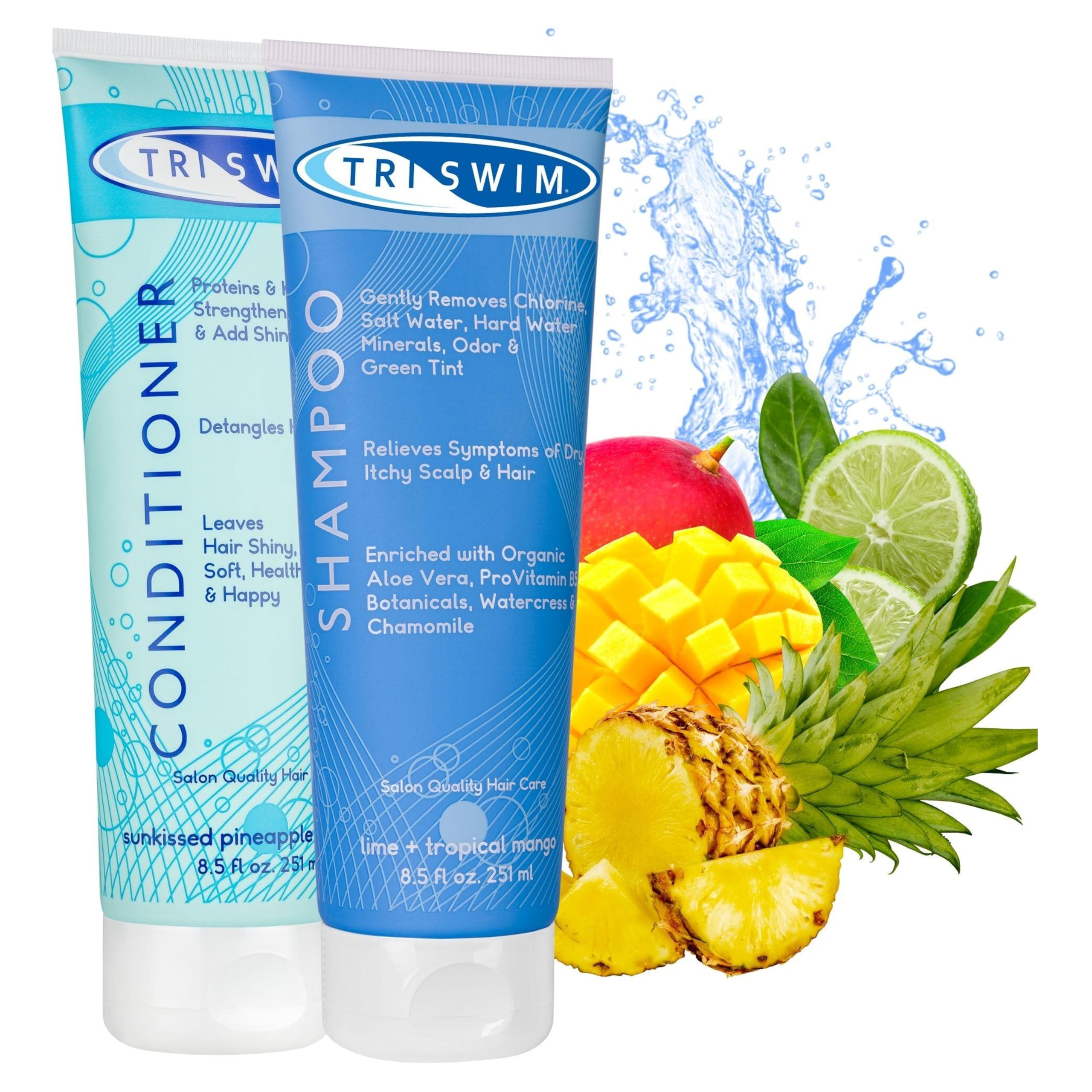 TRISWIM Chlorine Removal Hair Care Bundle, After Swim Care Shampoo and Moisturizing Conditioner, Anti-Chlorine Hair Protection For Swimmers, Removes Green Tint, Vegan & Cruelty Free (251+251 ml)