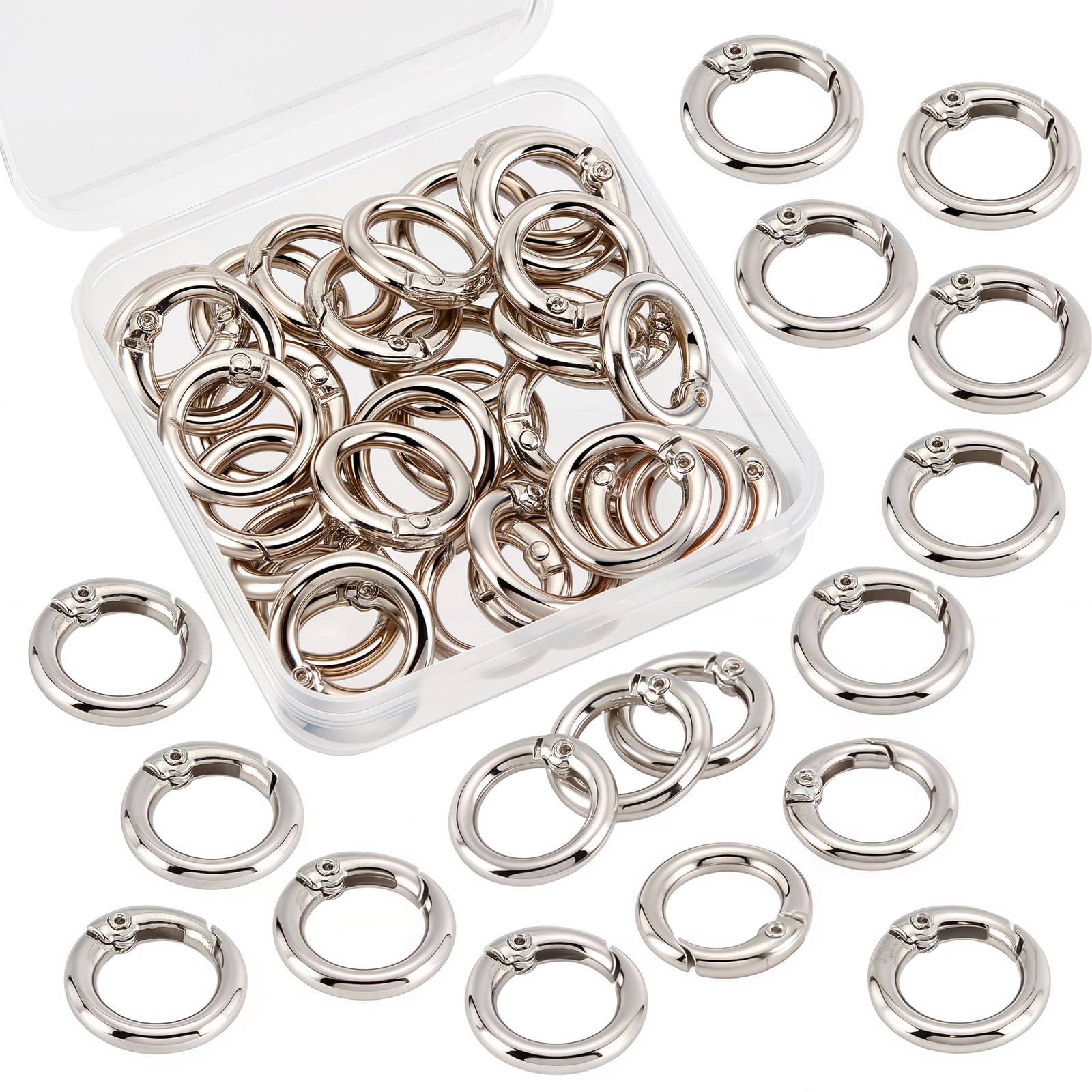 SUNNYCLUE 32Pcs Spring O Rings Silver Round Carabiner Clip Split Zinc Alloy Snap Hooks Metal Clamp Clasp Keyrings Buckle Trigger for Bag Purse Handbag Strap Craft DIY Accessory, 20MM — image 1