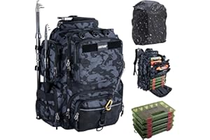 Goture 45L Fishing Backpack 900D Oxford Cloth&Rain Cover, Tackle Bag w/Rod Holders, Adjustable Compartment & 8 Lure Bag, Fish