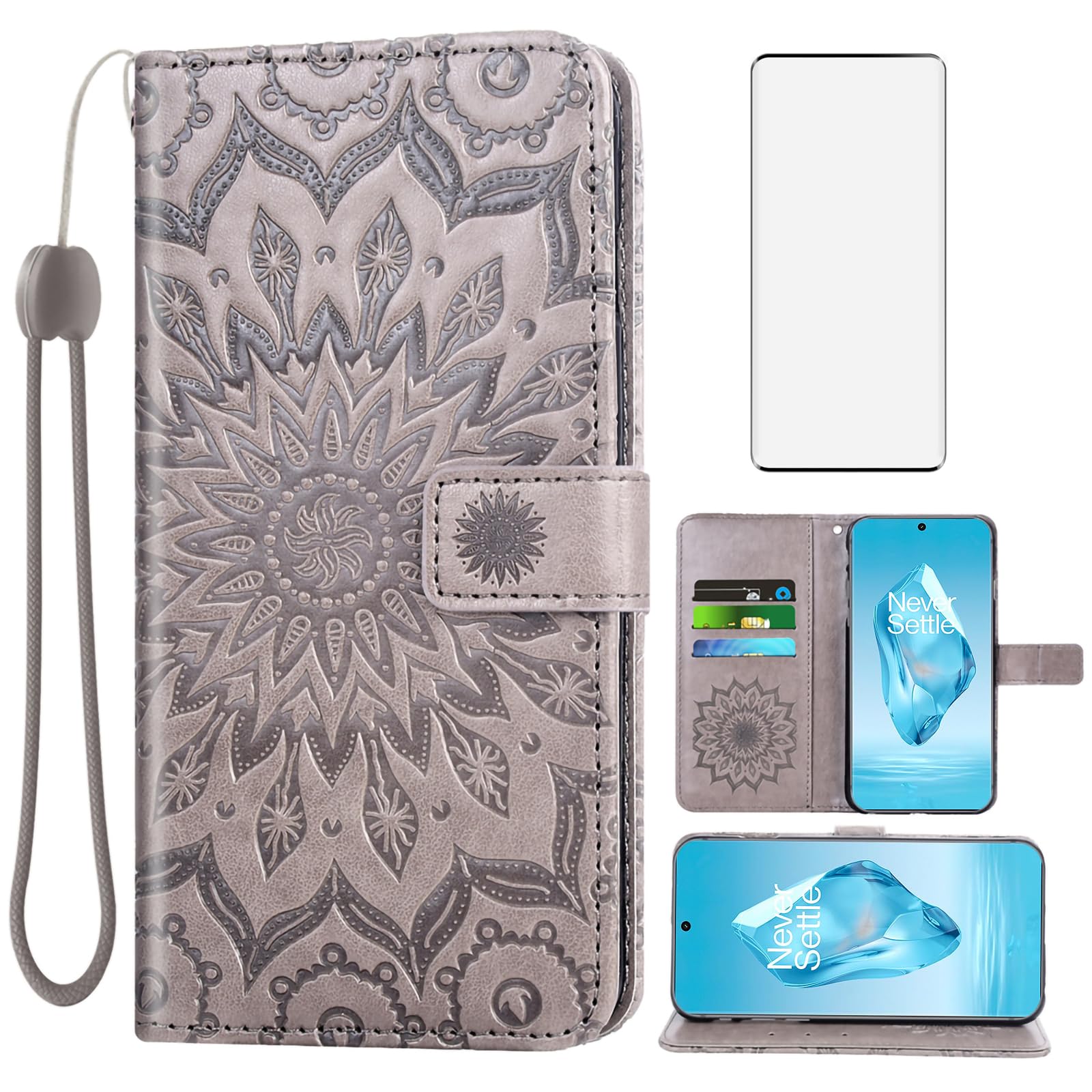 Asuwish Phone Case for OnePlus 12R 5G/Ace 3 2024 Wallet with Tempered Glass Screen Protector and Sunflower Leather Slim Flip Cover Card Holder Stand Cell Accessories One+ 12 R R12 Ace3 Women Men Gray