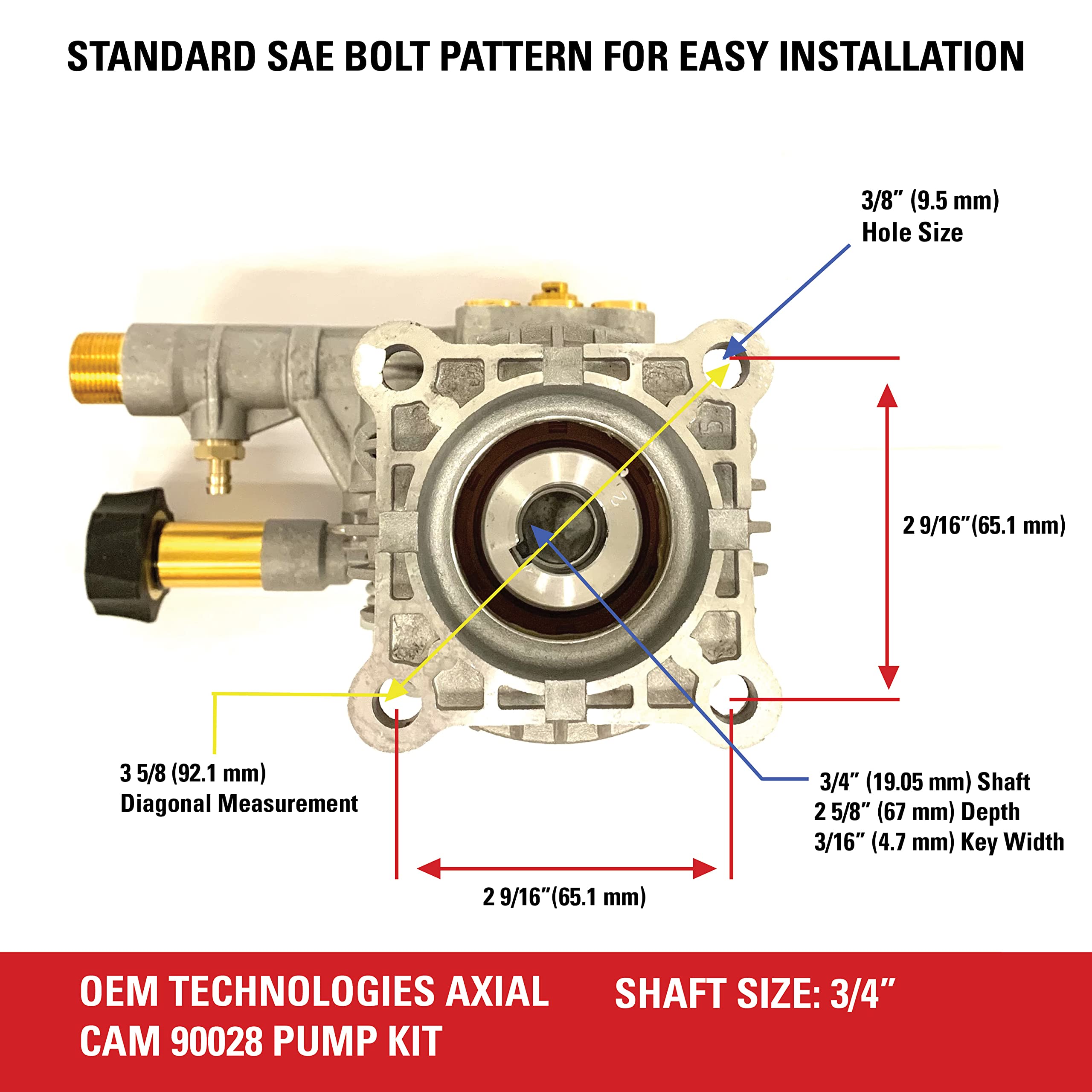 OEM Technologies 3300 PSI 2.4 GPM Replacement Pressure Washer Pump Kit, Horizontal Axial Cam Replacement Pump for Gas Pressure Washer, 3/4