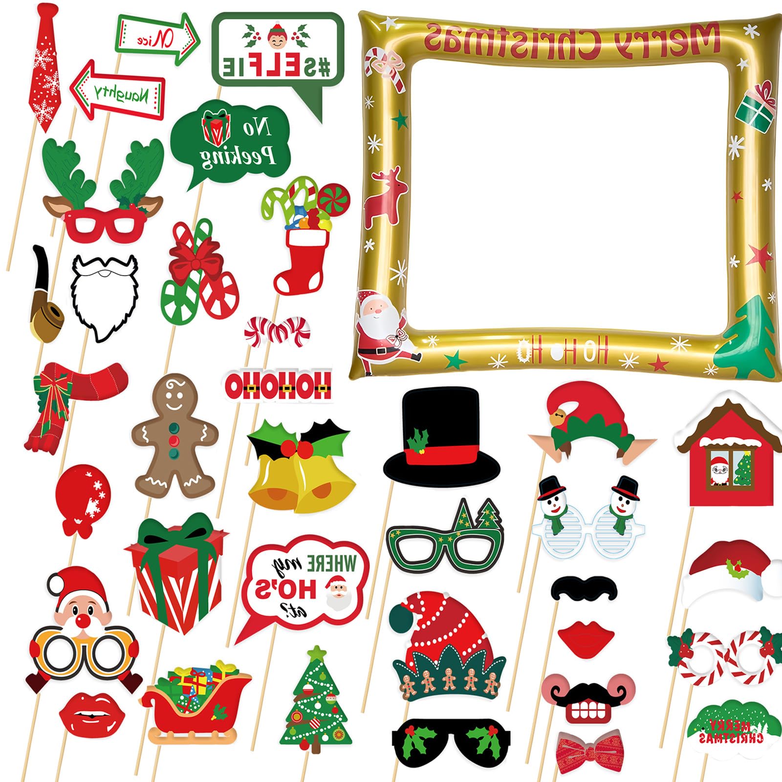 Christmas Photo Booth Props Inflatable,Large Gold Christmas Photo Booth Frame with 32Pcs Christmas Photo Props,Christmas Party Photo Booth Props Frame for Kids Adults Christmas Party Games Accessories