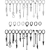 34 Pieces Stainless Steel Dangle Hinged Hoop Earrings Piercing Hoop Huggie Earrings with Long Chain Feather Leaf Dangle