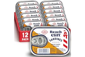 Beach Cliff Wild Caught Sardines in Mustard Sauce, 3.75 oz Can (Pack of 12) - 18g Protein per Serving - Gluten Free, Keto Friendly - Great for Pasta & Seafood Recipes