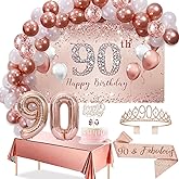 Trgowaul 90th Birthday Decorations Balloon Set Women's Arch, Rose Gold 90th Birthday Banner and Party Tablecloth, Belt and Tiara, Pink Gold 90th Balloon, Pink Birthday Cake Top, Latex Balloon * 60