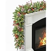 TigeJoy 9FT Prelit Christmas Garland with Warm LED Timer Lights, Frosted Pine Garland with Red Berries & Long Cedar Pinecones, 8 Modes 3AA Battery Operated Xmas Decor for Fireplace Doorway Porch