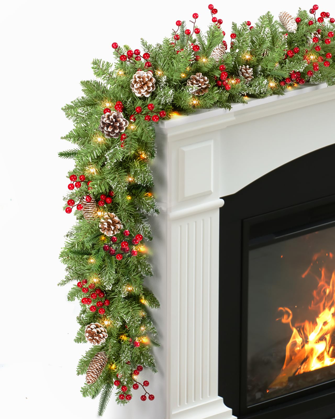 Photo 1 of TigeJoy 9FT Prelit Christmas Garland with Warm LED Timer Lights, Frosted Pine Garland with Red Berries & Long Cedar Pinecones, 8 Modes 3AA Battery Operated Xmas Decor for Fireplace Doorway Porch