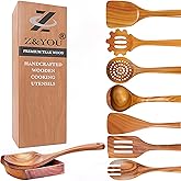 9-Piece Teak Wooden Utensil Set – Wooden Spoons for Cooking with Spoon Rest, Wooden Spatula, and Non Toxic Cooking Utensils – Premium Kitchen Utensils Set for Daily Use