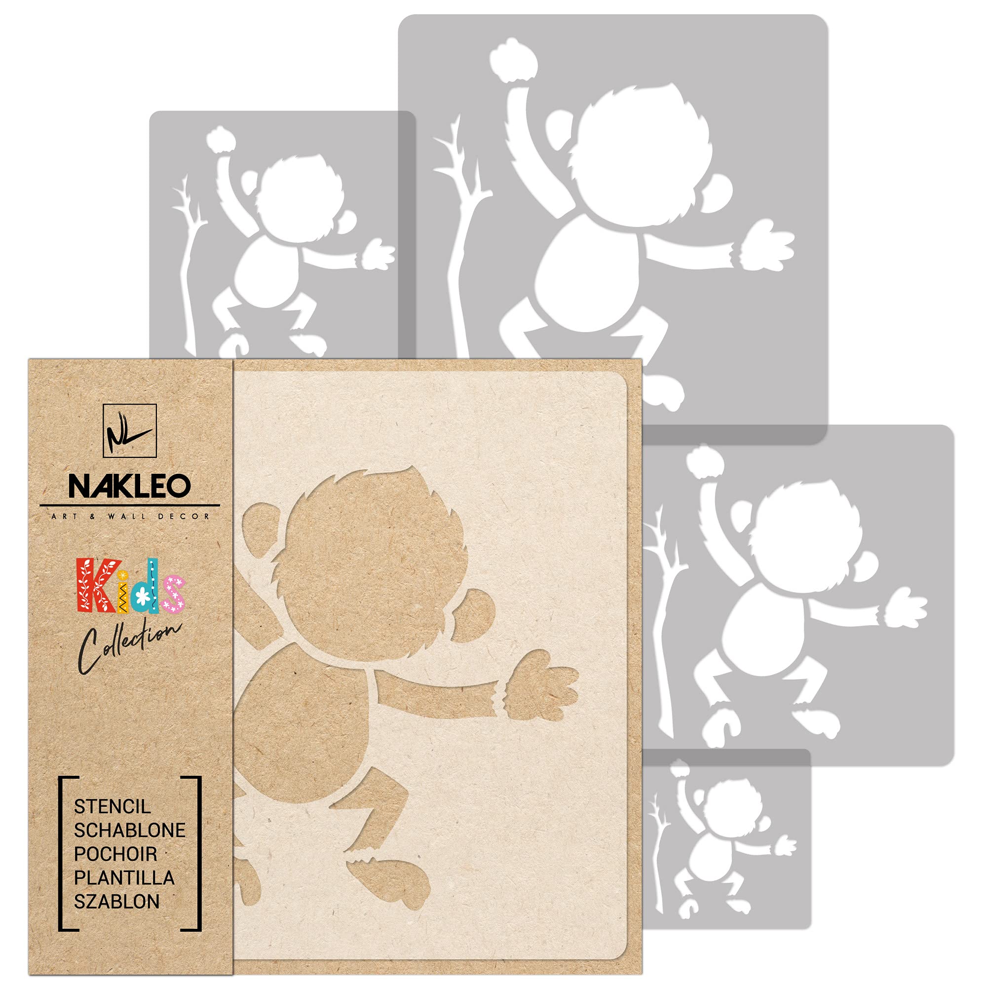 NAKLEO Painting Stencils Set for Nursery Room, 5 Pcs Templates 9x9 to 34x34cm Monkey Jungle Ape, Plastic and Reusable Drawing Stencils, Decor, Craft DIY Wall Furniture