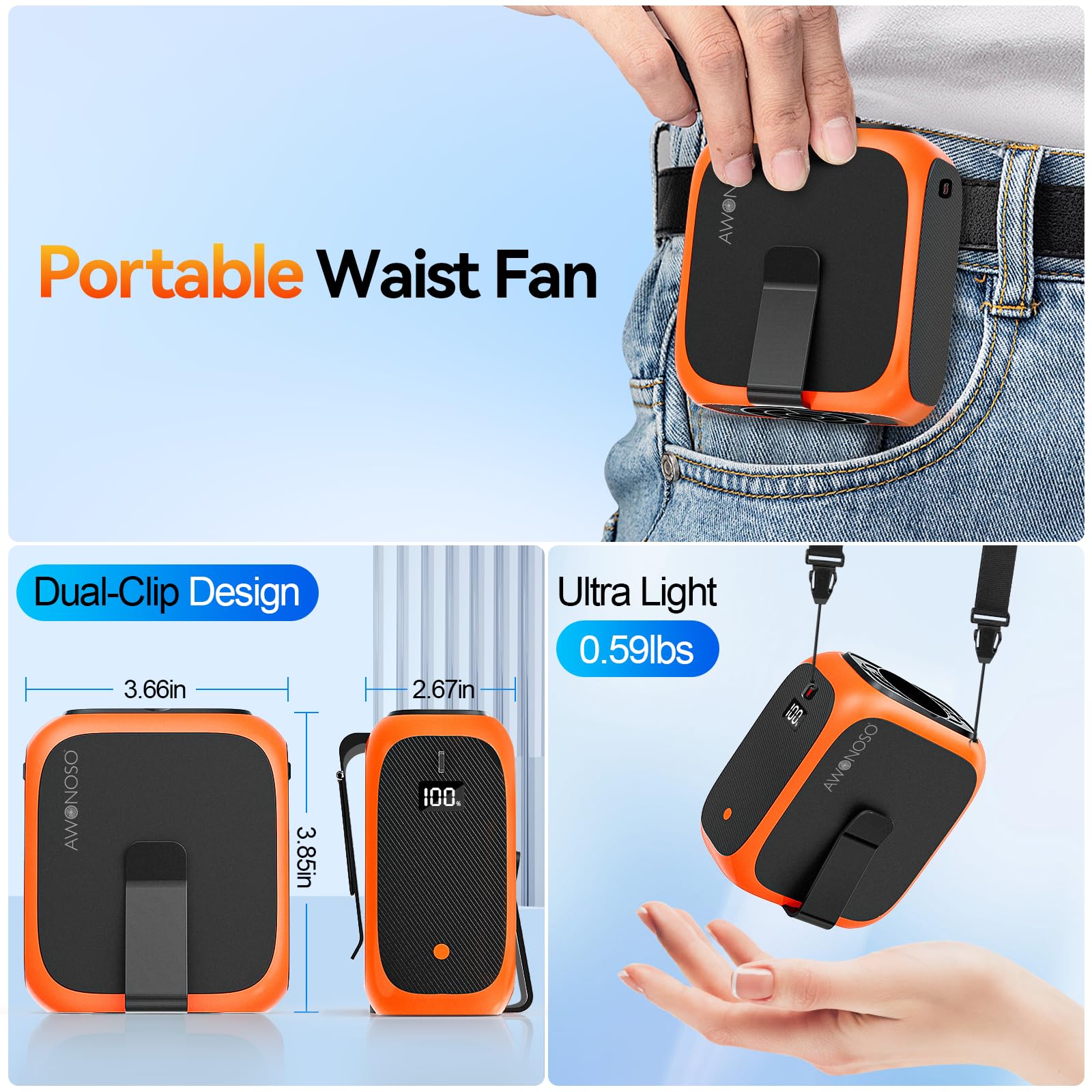 16000RPM Portable Waist Fan Clip in Wearable Belt Personal Fan, 14000mAh Minimum Gear Endurance Up to 24 hours, 3 Speed Neck Desk Fans, Wearable Body Shirt Belt Fans Outdoor, Worksite (Gray)