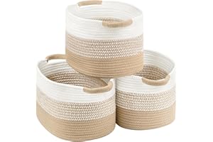 PATVINGOT 13"x10"x9" Cotton Rope Storage Basket, Woven Baskets with Handles for Organizing Home Office, Shelves, Nursery, Laundry, and Toys,Empty Gift Basket-3 Pack,khaki/White