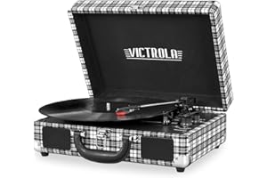 Victrola Vintage 3-Speed Bluetooth Portable Suitcase Record Player with Built-in Speakers | Upgraded Turntable Audio Sound|Black & White, Model Number: VSC-550BT-WX
