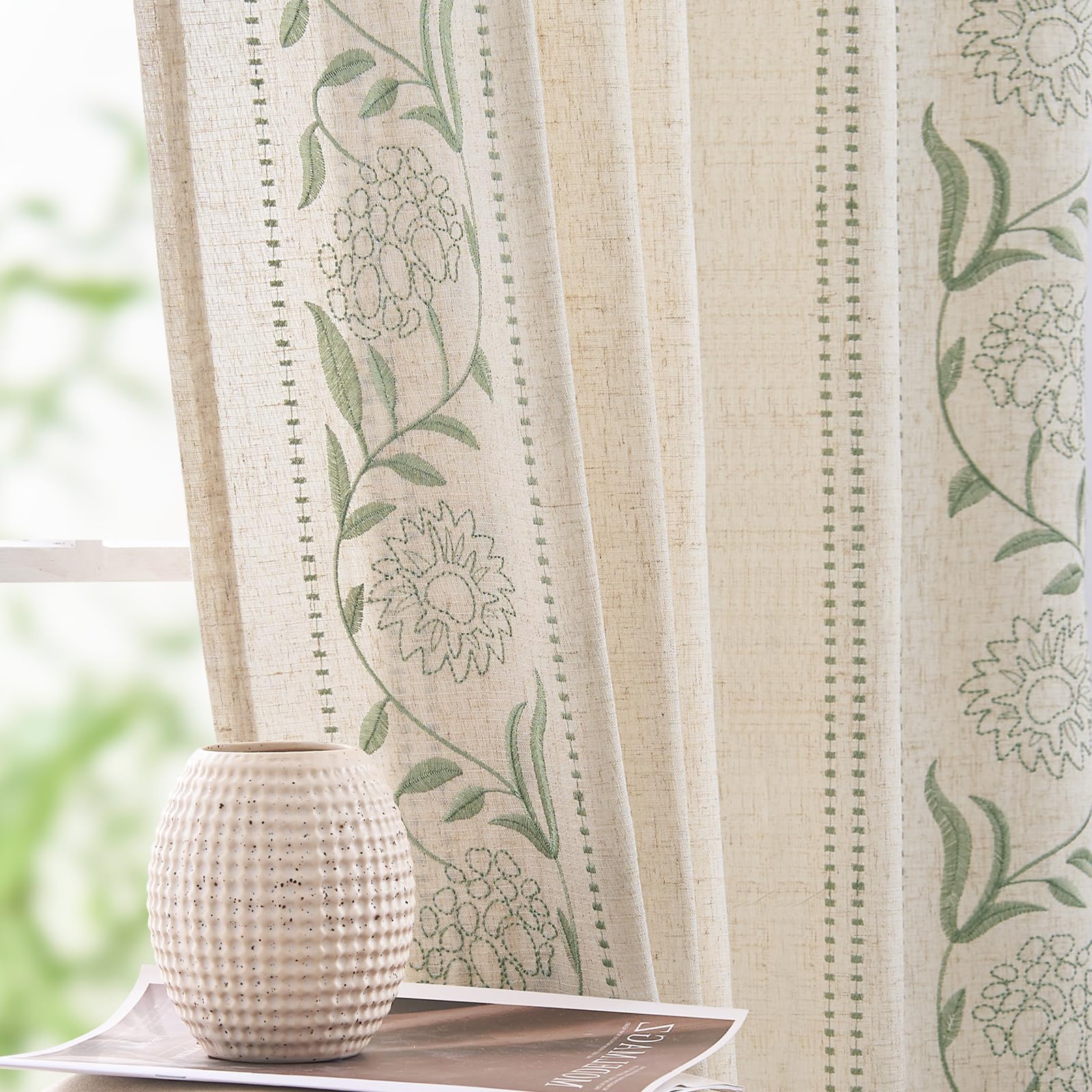 Photo 1 of jinchan Winslow Linen Curtains for Bedroom 96 Inches Length Embroidered Bordered Floral Curtains for Living Room Farmhouse Decor Light Filtering Window Treatments Sage on Beige Drapes 2 Panels