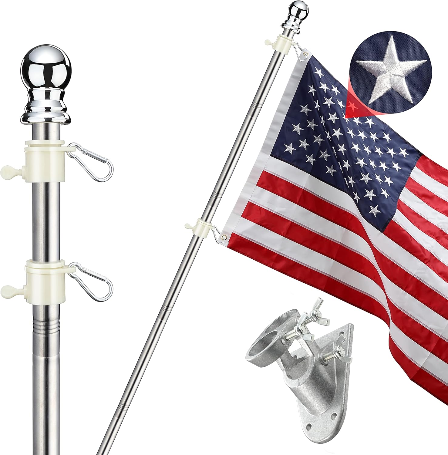 Flagpole Hardware - Flag Pole for House with American Flag-6FT Silver Flag and Pole with Wall Mounted Bracket and 3x5 Embroidered US Flag Rustproof Tangle Flag Pole for House Yard Residential or Commercial