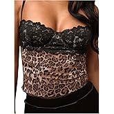 WDIRARA Women's Leopard Print Lace Crop Corset Top Low Cut Sexy Going Out Party Tops