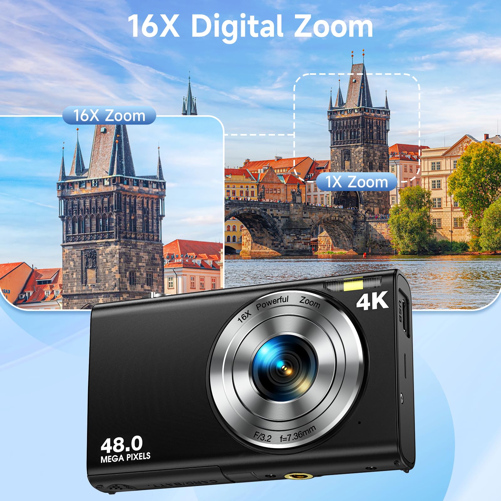 Digital Camera, Autofocus 48MP UHD 4K Vlogging Camera 16X Digital Zoom, Portable Compact Point and Shoot Digital Camera for Teens Adult Beginner with 32GB Card, 2 Batteries, Lanyard (Black)
