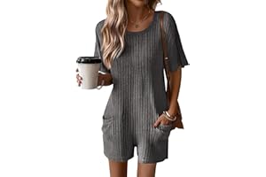Ekouaer Summer Rompers for Women 2026 Casual Ribbed T-shirt Rompers Reversible Jumpsuit Shorts Outfits with Pockets