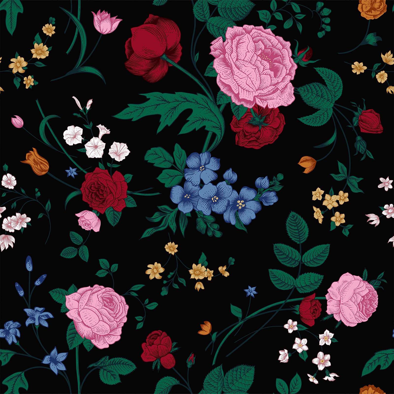 VEELIKE Midnight Black Floral Wallpaper Vintage Black Flower Wallpaper Peel and Stick 44.5 cm x 300 cm Botanical Wall Art Pink Rose Leaf Contact Paper for Bedroom Bathroom Removable Renter Friendly
