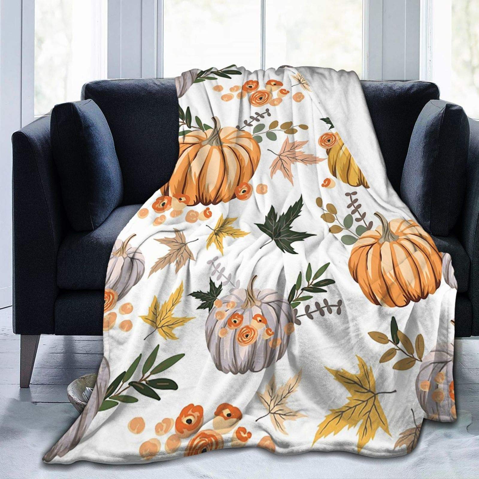 Autumn Blanket Pumpkin Throw, Autumn Throws for Sofa Orange Flannel Throw Blanket Fall Pumpkin Blanket for Couch Sofa Bed 50x60inch(130x150cm)
