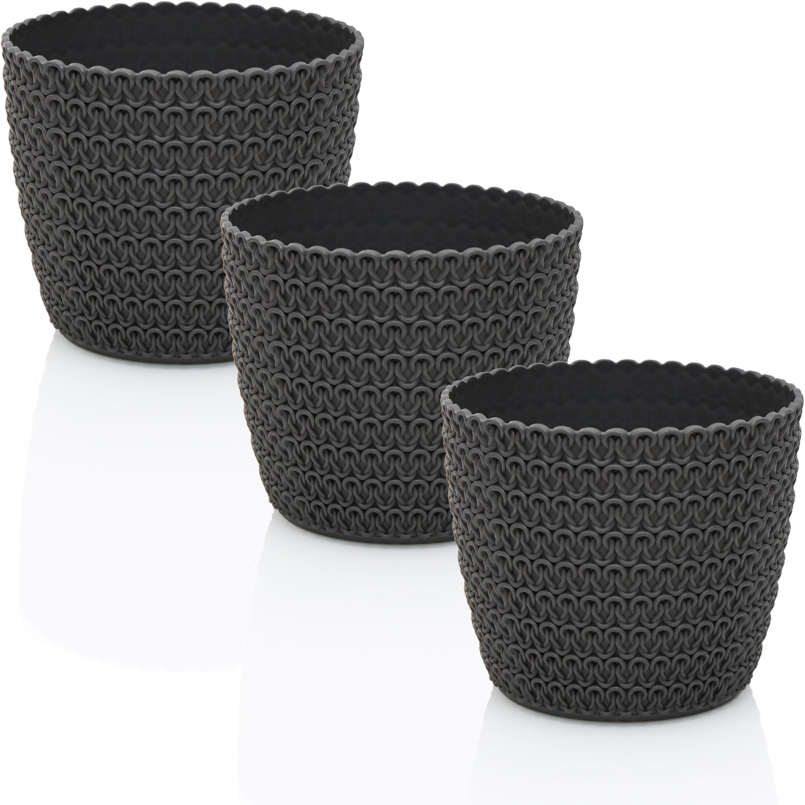 idea-station RIBA Flower Pot Set 3 x 14 cm - Anthracite - Shatterproof Plastic Flower Pots for a Wide Range of Plants, Flowers - Matte Planters for Indoor and Outdoor Use