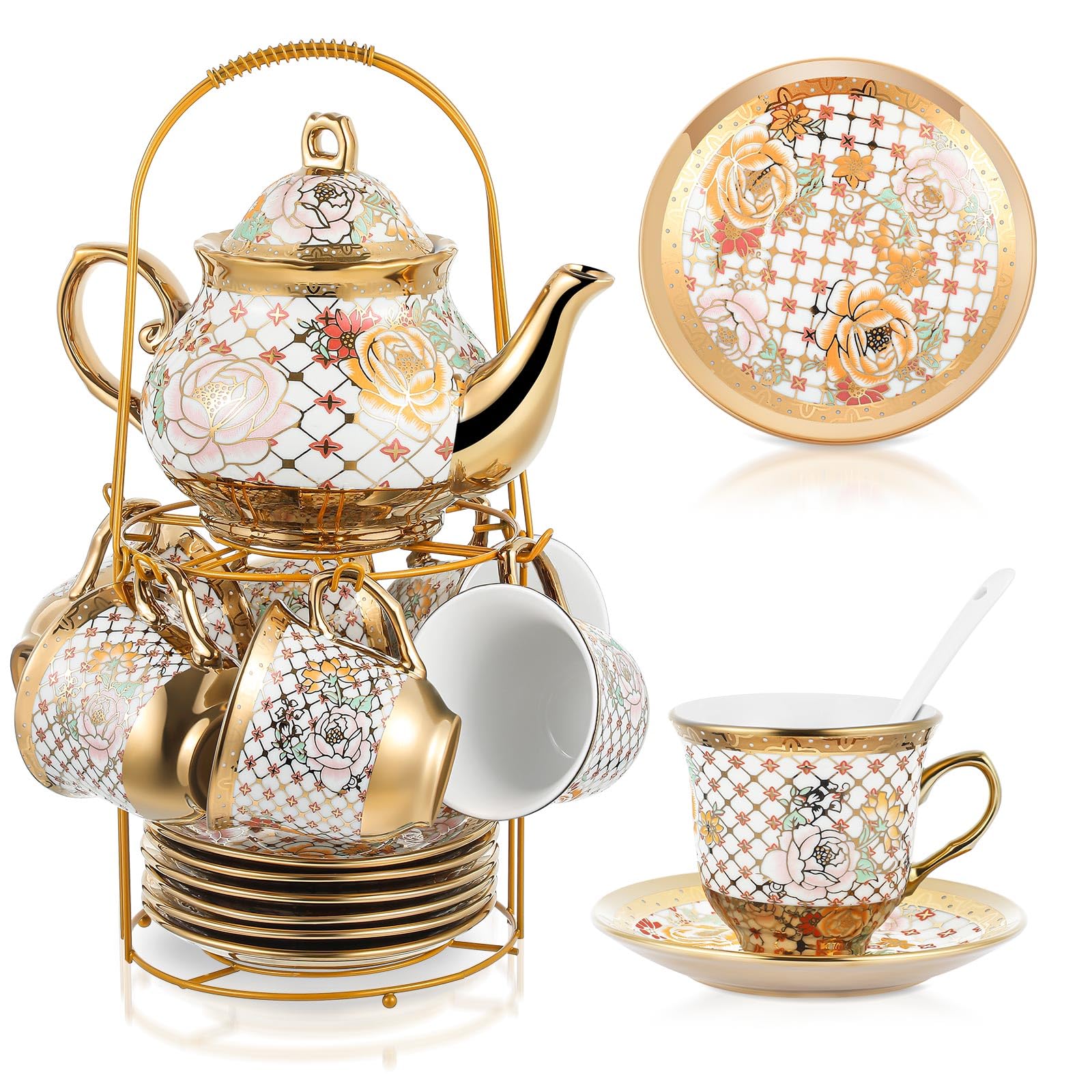Photo 1 of Zhehao 20 Pcs Porcelain Tea Set with Metal Holder and Spoon Adult Ceramic Tea Set European Flower Painting Teapot Cup Saucer Spoon for Women, Large Version(Delicate Style)