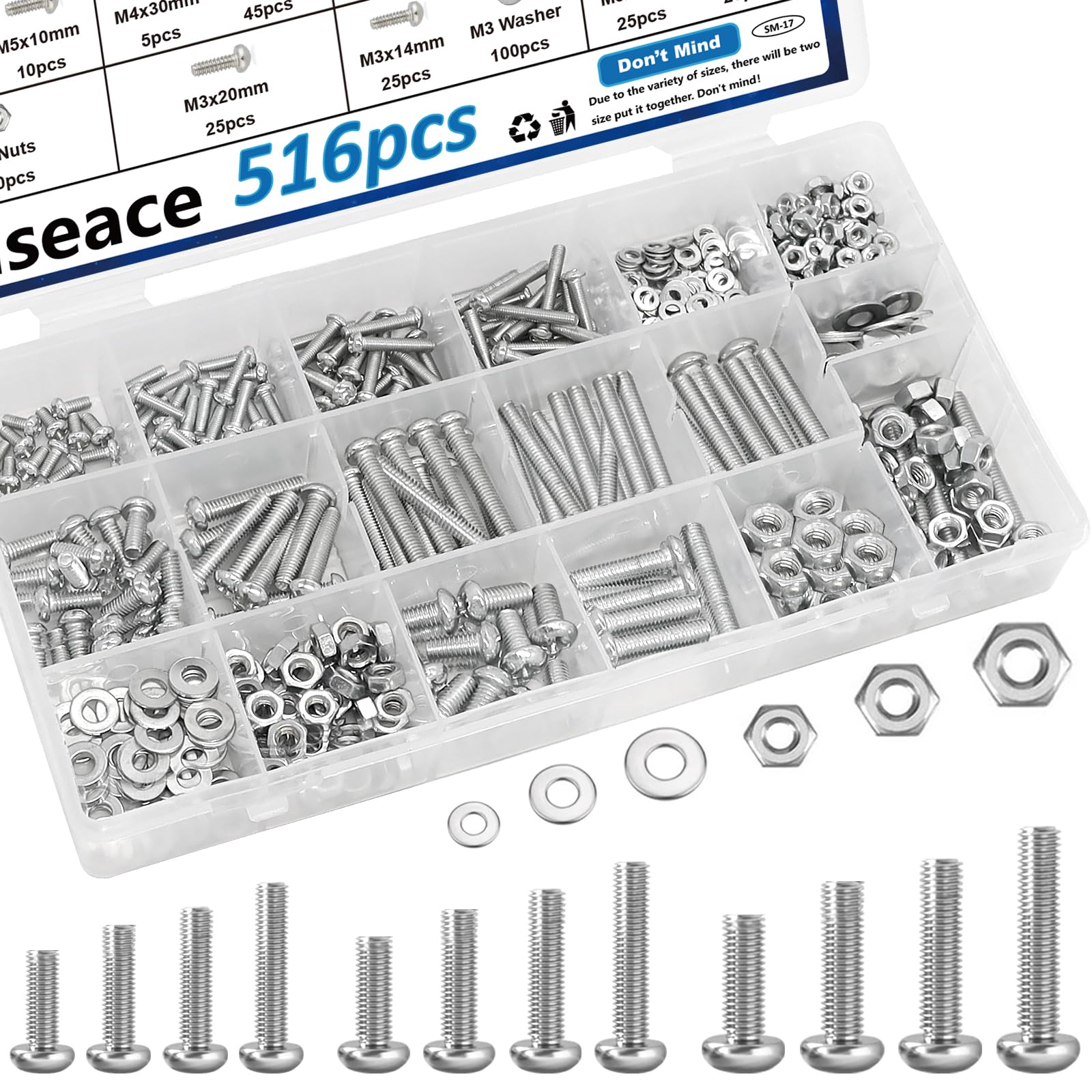 Photo 1 of smseace 516Pcs Nuts and Bolts Assortment Kit 21-Sizes M3/M4/M5/M6 Nut Bolt Washer Assortment Kit for Machinery, Furniture, Automotive, Motorcycle Repairs